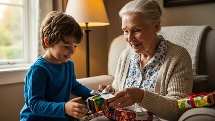 A heartwarming moment between a joyful young boy and his smiling elderly grandmother as they exchange colorful gifts in a cozy, well-lit living room, highlighting their sweet bond.