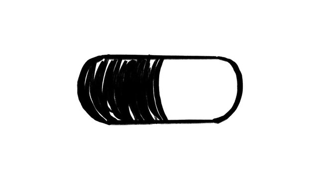 Rough black marker animation of a pill or capsule icon featuring a noisy, jittery, looping scribble effect on a white background, ideal for concepts like medicine, pharmacy, health, sickness