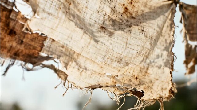 Close up of tattered cloth flapping in the breeze with sunlight filtering through the holes