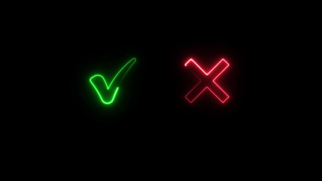 green tick and red cross signs animation, right and wrong animated icons, abstract motion overlay, on black background. Glowing Green Check and Red X Symbols animation
