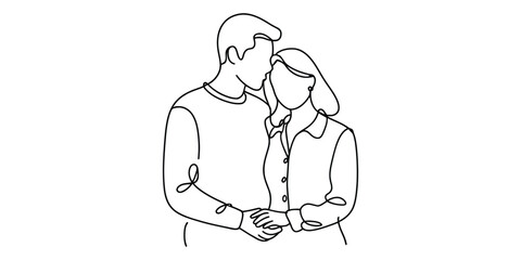 Minimalist continuous line drawing of a loving couple embracing and holding hands