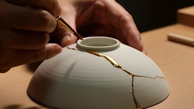 Artisan hands carefully applying gold lacquer to a white ceramic bowl during a traditional Kintsugi repair process, illustrating resilience and restoration concepts.
