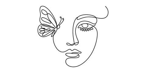 Minimalist one line drawing of woman face with butterfly on