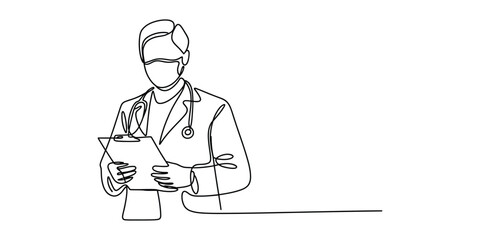 One line drawing of doctor with stethoscope and clipboard