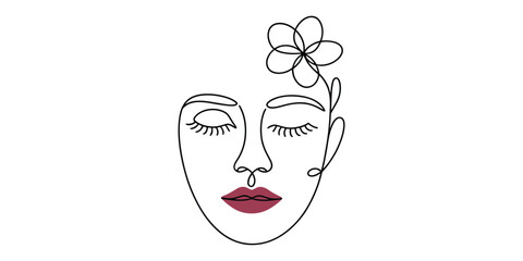 Minimalist continuous line art drawing of a womans face with closed eyes and a flower