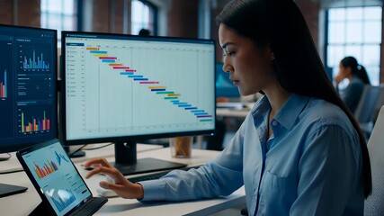 Focused Asian businesswoman analyzing financial data charts on a tablet screen in a modern blue-lit office, illustrating corporate strategy and digital workflow concepts - Powered by Adobe