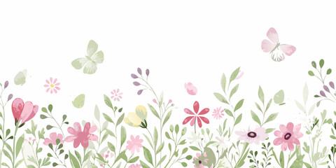 Watercolor floral border with delicate pink blossoms and a flying butterfly