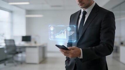 Businessman using smartphone with holographic display