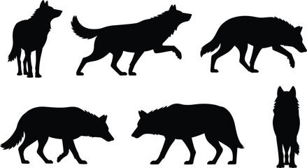 Six Black Wolf Silhouettes in Different Poses on White Background wolves