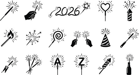 New year 2026 celebration and sparkler silhouette icon set. Fireworks, firecracker, and party light symbols vector collection.
