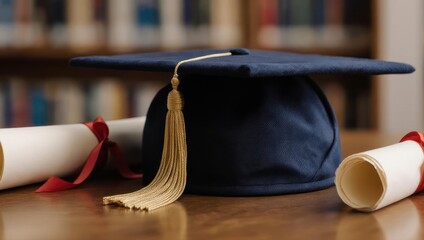 Graduation cap and diplomas on a wooden table in front of bookshelves