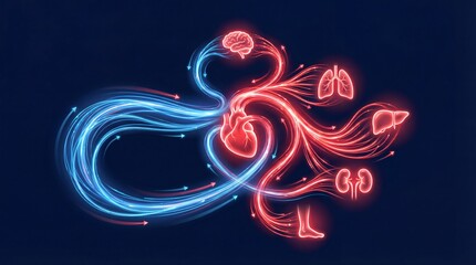 Human Circulatory System Diagram with Neon Glowing Lines
