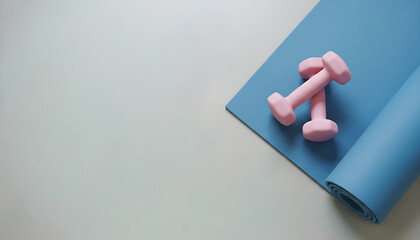 A clean, minimalist shot of pink dumbbells resting on a blue yoga mat. Perfect for health, fitness, and wellness themes.