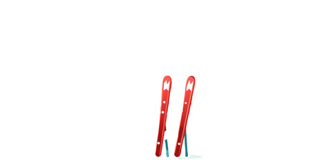 A pair of red skis stand against a completely black background