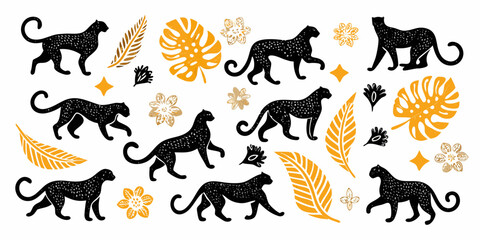 Stylized black monkey silhouettes with tropical leaves and floral elements design