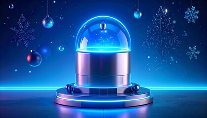 Futuristic Snow Globe on Metallic Base with Neon Lighting and Decorative Elements against a Dark Blue Backdrop
