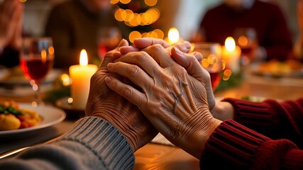 Close up of wrinkled senior hands clasping in prayer during a festive family dinner with warm candlelight, symbolizing gratitude and togetherness.