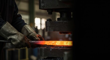 Blacksmith's Intense Work: Forging Red-Hot Metal Under Industrial Press