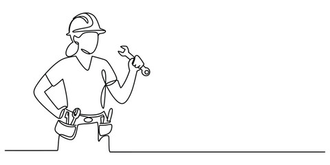 Female construction worker in hard hat holding wrench, continuous line art