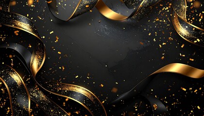 Elegant black and gold New Year holiday design with luxury ribbon elements, gold confetti