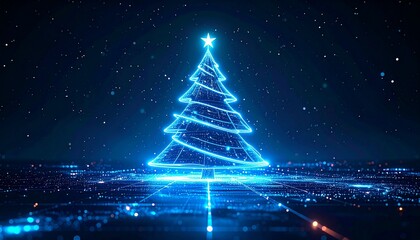 Glowing Blue Christmas Tree Silhouette Against Dark Background with Bokeh Effect