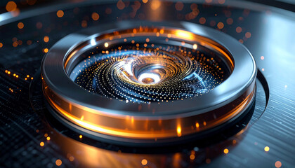 Technological Vortex: A mesmerizing close-up of a futuristic technological structure, showcasing a vortex of energy with a metallic outer ring and illuminated with a network of tiny.