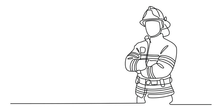 Firefighter in uniform standing with arms crossed, continuous line art