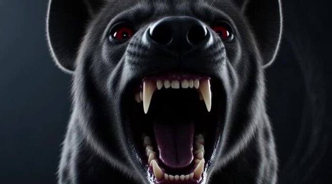 A black hyenas with jaws wide open in a haunting display of primal fear and raw wilderness. Generative AI 