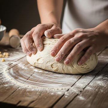 Skilled hands knead a lump of dough on a rustic wooden surface, dusted with flour.