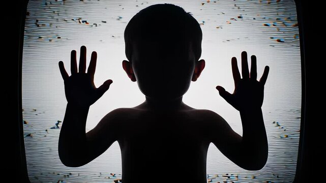 Backlit silhouette of a child pressing hands against a screen displaying tv static and white noise glitch effects, depicting mystery concepts