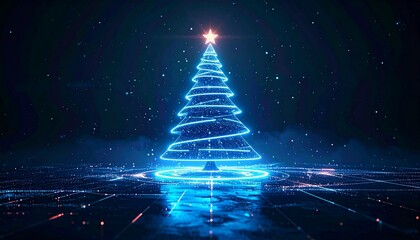 Glowing Digital Christmas Tree with Star Ornament Above Futuristic City Lights at Night