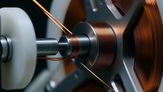 Macro view of metallic copper wire spinning onto a white mechanical spool during industrial coil winding, illustrating precision manufacturing and electronics engineering concepts.