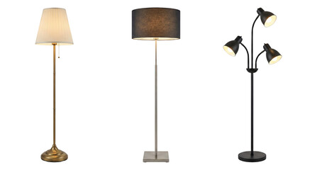 three distinct floor lamps with lampshades and exposed bulbs illuminating a space
