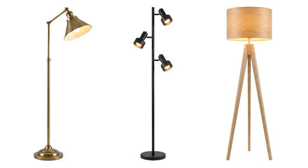 Modern and classic floor lamps illuminating spaces with elegant designs isolated on a transparent