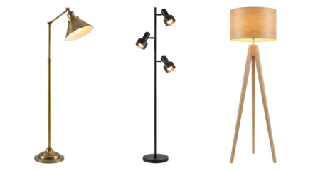 Modern and classic floor lamps illuminating spaces with elegant designs isolated on a transparent