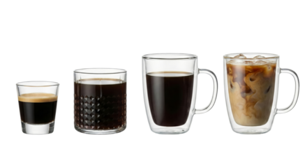An assortment of distinct coffee beverages presented in clear glass vessels with a transparent