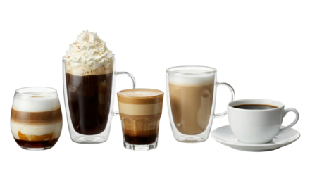 A diverse collection of delicious coffee beverages displayed with isolated transparent background