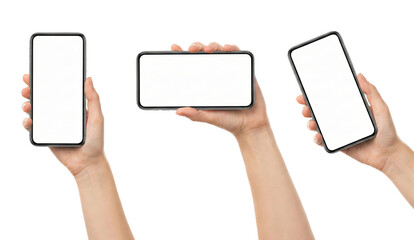 Multiple hands holding smartphones showcasing blank screens for creative design placement and app