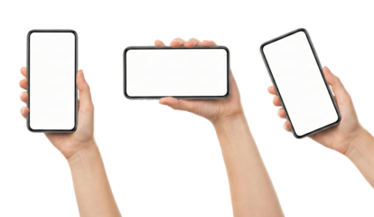 Multiple hands holding smartphones showcasing blank screens for creative design placement and app