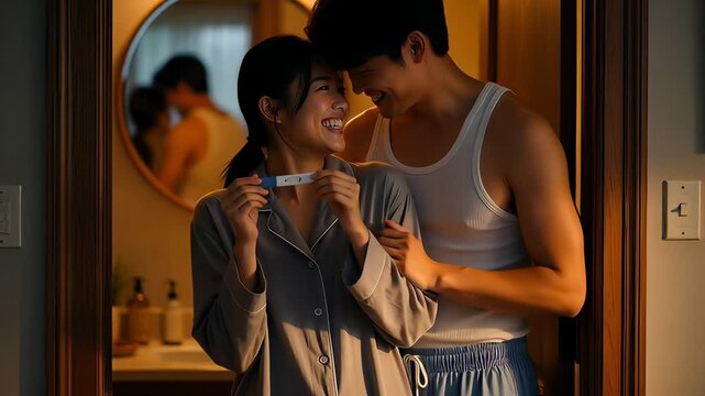 Happy Asian couple celebrating a positive pregnancy test result in a warm bathroom, symbolizing joy and family planning.