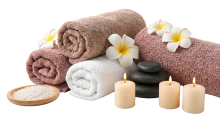 Serene spa elements with rolled towels flowers and lit candles on a clean surface