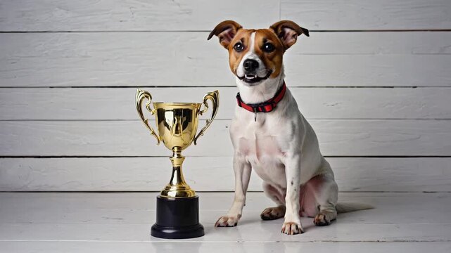 Jack Russell beside gold trophy, symbolizing achievement, celebration, and playful pet success.