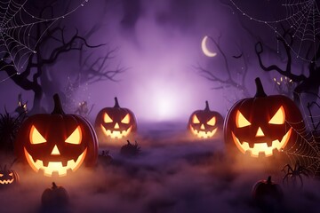 Spooky carved glowing pumpkins in a misty forest at night with a crescent moon isolated on transparent background