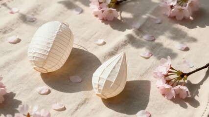 Delicate paper lanterns resting on soft fabric, surrounded by cherry blossom petals, captured in a serene scene with gradual camera zoom enhancing the tranquil atmosphere and visual appeal