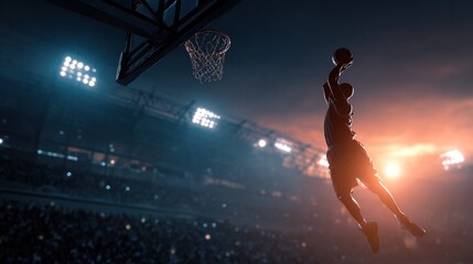 dunk. A basketball suspended mid-air near the hoop, capturing the intensity of the game. event key visuals, club posters, designed for fitness apps and gym onboarding, drives event promotion.