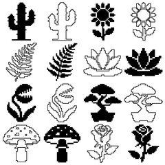 Retro Video Game Flora Assets. 8-bit Pixelated Garden Plants, Flowers, and Trees Isolated on White Background.
