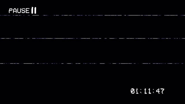 4K VHS video tape pause screen overlay with static distortion, analog noise, and timestamp, black background visual effect loop 4k video animation seamless loop