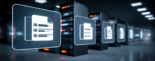 Fototapeta premium High performance servers in enterprise office manage database, ensuring paperwork is ready to publish efficiently