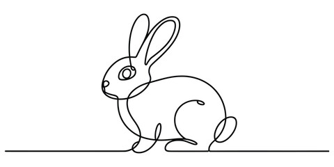 Continuous line drawing of a rabbit sitting on a line, minimalist art