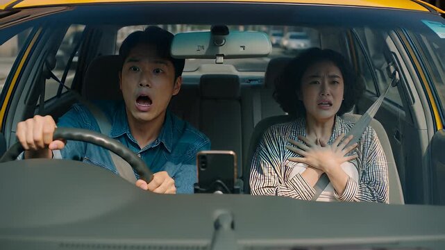 Terrified Asian driver and passenger screaming in panic inside a yellow taxi cab during an emergency brake, illustrating transportation safety and accident concepts.